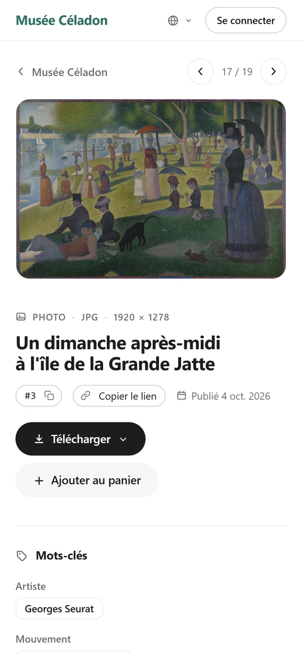 Capture du portail sur téléphone : la fiche d'Un dimanche après-midi à l'île de la Grande Jatte, avec téléchargement et panier