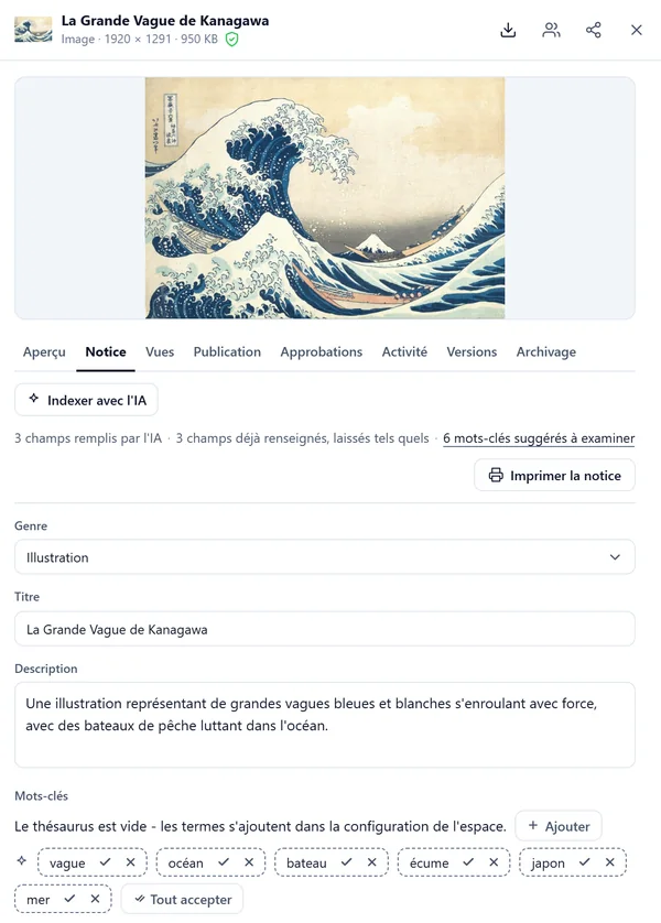 Capture de Burofolk : la notice de La Grande Vague de Kanagawa, indexée avec l'IA. Trois champs remplis par l'IA, une description générée et six mots-clés suggérés à examiner