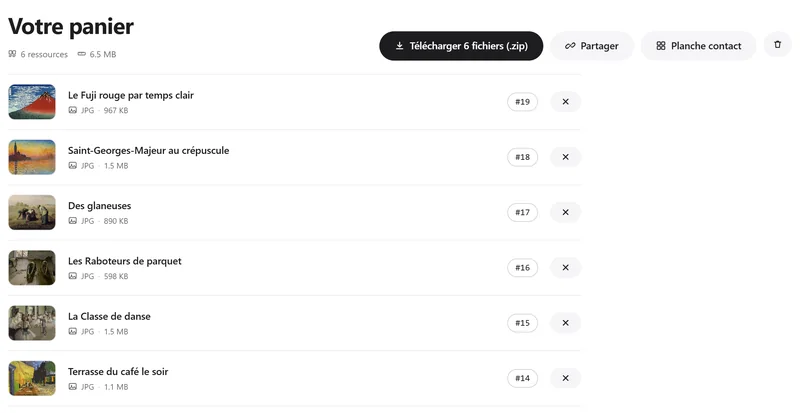 Capture du portail : le panier du visiteur avec six œuvres, le téléchargement en zip, le partage et la planche contact