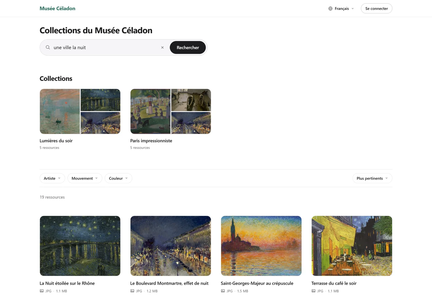 Capture du portail : la recherche « une ville la nuit » classe en tête La Nuit étoilée sur le Rhône, Le Boulevard Montmartre, effet de nuit, Saint-Georges-Majeur au crépuscule et Terrasse du café le soir